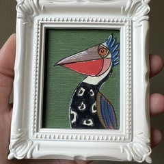 Print Of My Art Funny Pelican Bird funny,cute,miniature Painting,small, framed