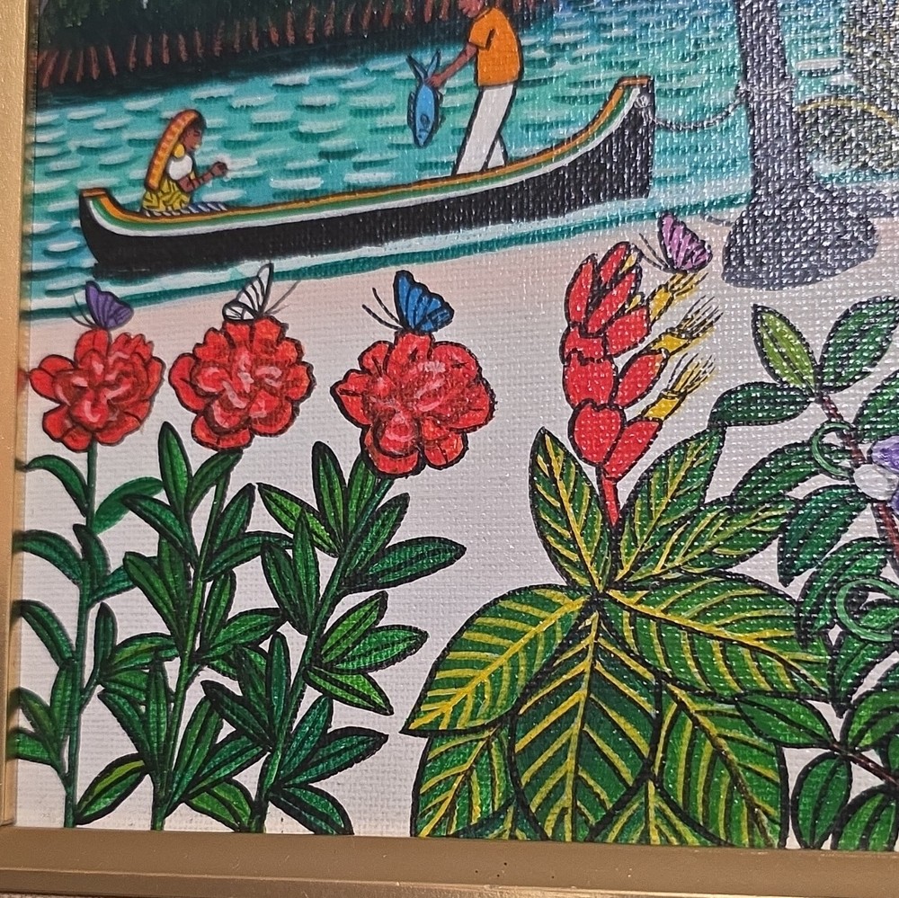 I. Mendez 1996 Signed Framed Canvas Naïve Folk Art Coastal Village Scene