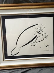 WYLAND – Original Hand Painted Sumi-e Brush Manatee W/ Fish – Framed & Signed