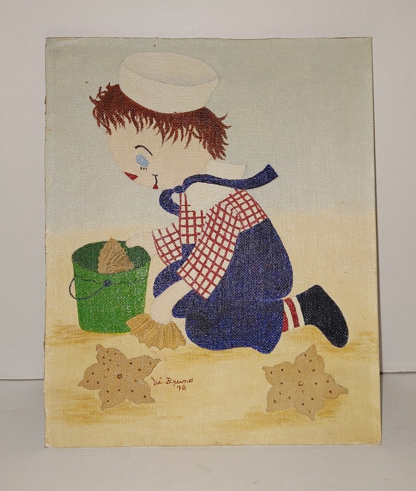 Original Raggedy Andy Painting signed Via Bruno 1978 Art Sand Beach 10″x8″