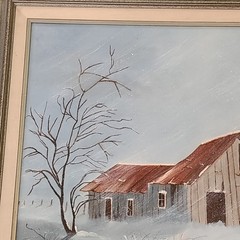 Winter Scene Country Barn Tree Snow Framed Painting 25×21 in Signed Jenny May