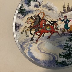 Vintage Russian lacquer-style Watercolor depicting a winter troika sleigh ride
