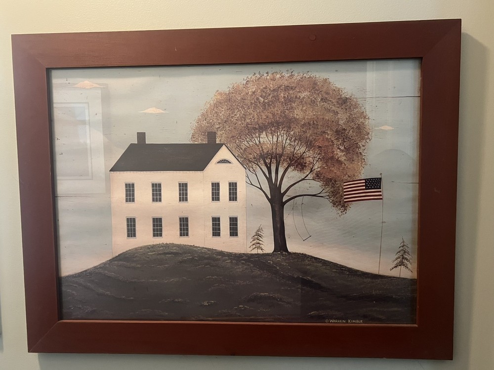 Warren Kimble Framed Folk Art “House with Flag” Professionally framed 24” x 32”