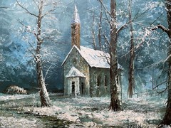 Vintage Framed Impressionist Winter Landscape Painting Snowy Church & Trees