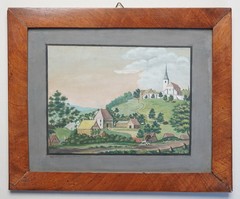 Gouche Biedermeier village view with church on mountain, dated 1835
