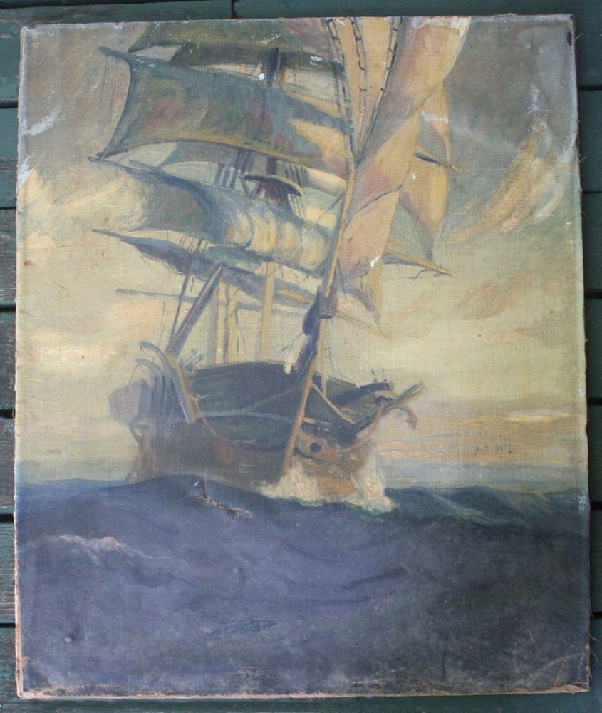 Dramatic Antique Maritime Ship Painting, 19th Century Sailing Ship Art