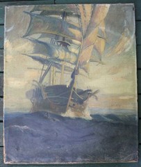 Dramatic Antique Maritime Ship Painting, 19th Century Sailing Ship Art