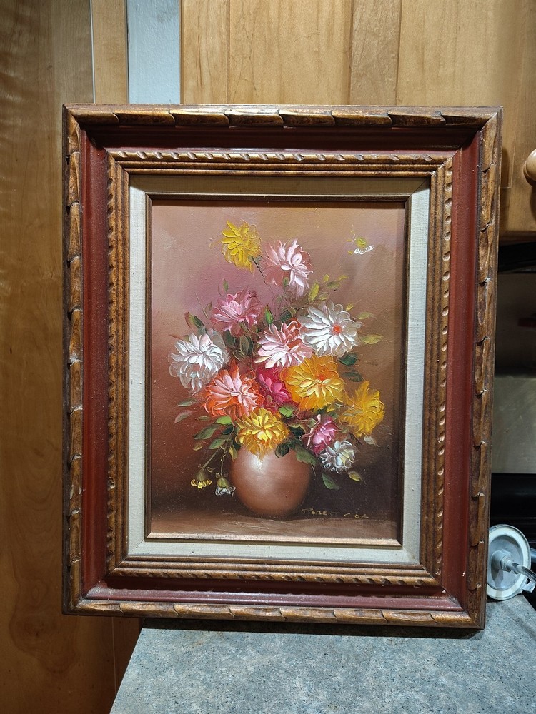 Vintage Robert Cox Flowers In Vase Oil Painting – Handmade Wood Frame 24″x20″