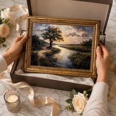 Gold Framed Canvas Wall Art, Serene River Tree Sunset Landscape Painting, Cla…