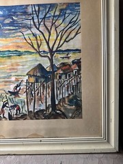 Vintage „Men By The Sea Scene“ Primitive Watercolor Painting – Signed And Framed