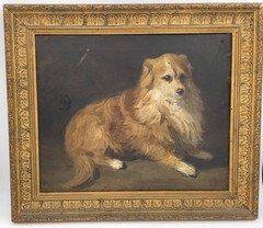 19th Century French Impressionism Antique Oil Painting Portrait of a Resting Dog