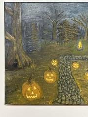Oil on Canvas- Original Signed Canvas Painting Halloween Pumpkins Cabin Forest