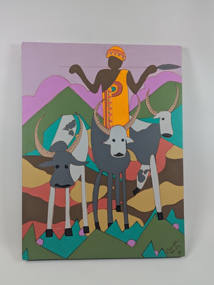 Herding Cattle in Africa 16 in x 12 in x 0.5 in Acrylic Painting