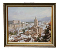 Manuel Cuberos Spanish Old Town Church Oil on Canvas Signed Original OOAK