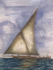 Zanzibar ‘06 Sail Boat Sea Watercolor Signed Custom Matted Framed 13.25”X16.25”