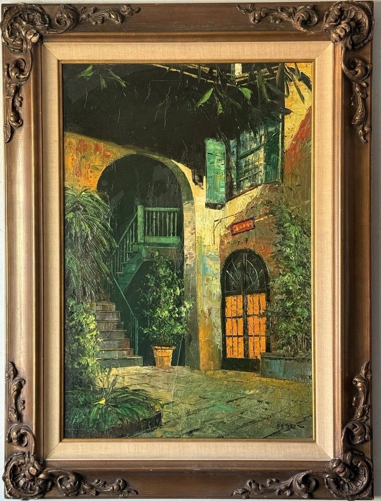 VINTAGE NEW ORLEANS FRENCH QUARTER COURTYARD OIL PAINTING LANDSCAPE PETERS 1960s