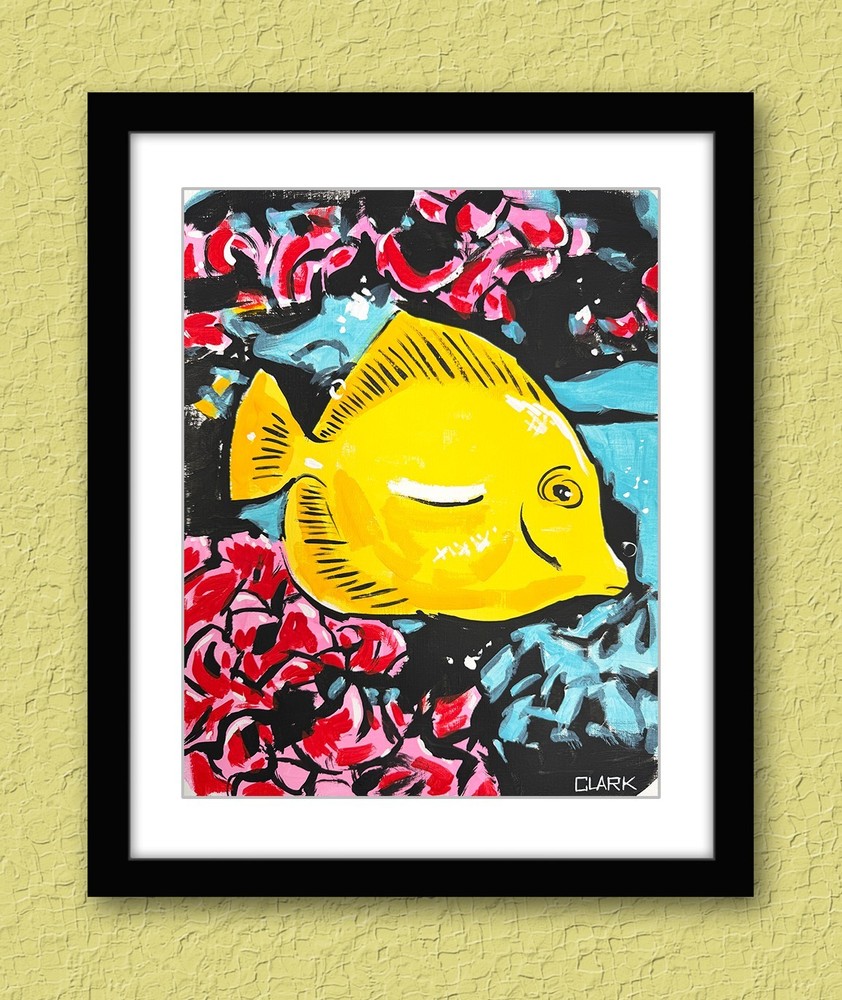 Original Yellow Tang Coral Reef Pop Art Acrylic Painting – 11×14″ Media Paper
