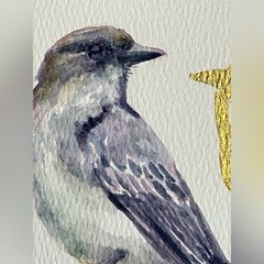 Original phoebe Painting Watercolor Bird Art Gold accents Vine nature decor EAE