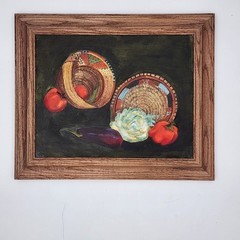 Vtg Southwest Still Life Oil Painting Indian Baskets Vegetables Framed Folk Art
