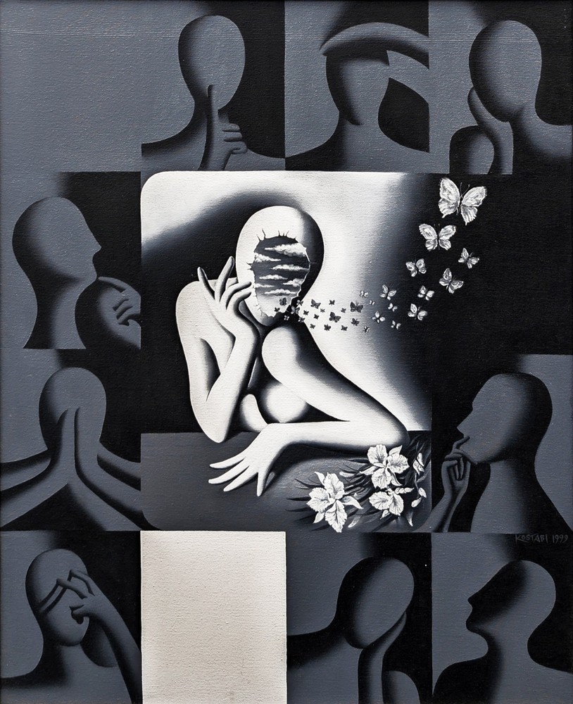 Mark Kostabi „One Day My Soul Just Opened Up“ 1999 | Original Painting | 30×24″
