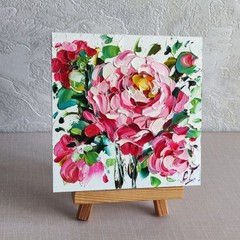 original oil painting Rose pink flowers artwork Floral small wall art 6*6 inch