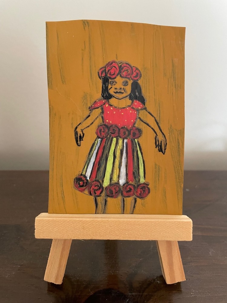 Fiesta Girl ACEO on cardstock (2 1/2“ x 31/2″) original art in oil paint pen 