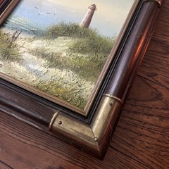 VTG Coastal Lighthouse Textured Beach Scene Oil Painting Wood Brass Frame Newton