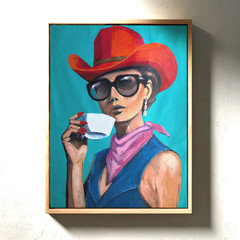 Coastal Cowgirl Pop Art Original Painting 60×80 Red Hat Coffee Woman Portrait