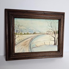 Original Winter Landscape Painting 16.5″w x 13.5″ Rustic Wood Frame Farmhouse