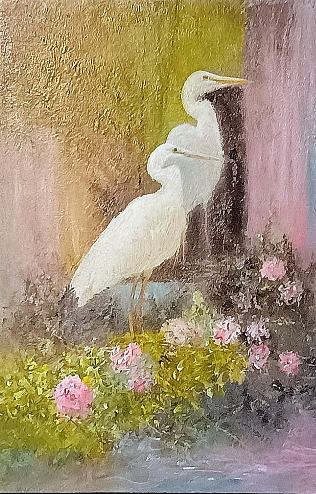 Miniature oil painting Egret with flowers Painted on Bristol board