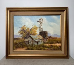 Original John Loo Painting – Southwest Scene – Shanty, Wood Water Tank, Windmill