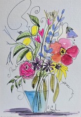 Original Signed Watercolor Painting. Floral. Line and Wash. Bouquet. Gift