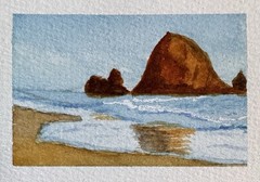 ACEO Original Painting Haystack Rock Ocean Oregon Coast, Mary Barton At KBug.Art