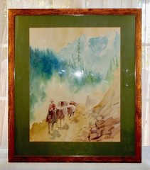 VNTG H.Takahashi Japan Well Listed Watercolor Signed Rider Convoy in Mountains
