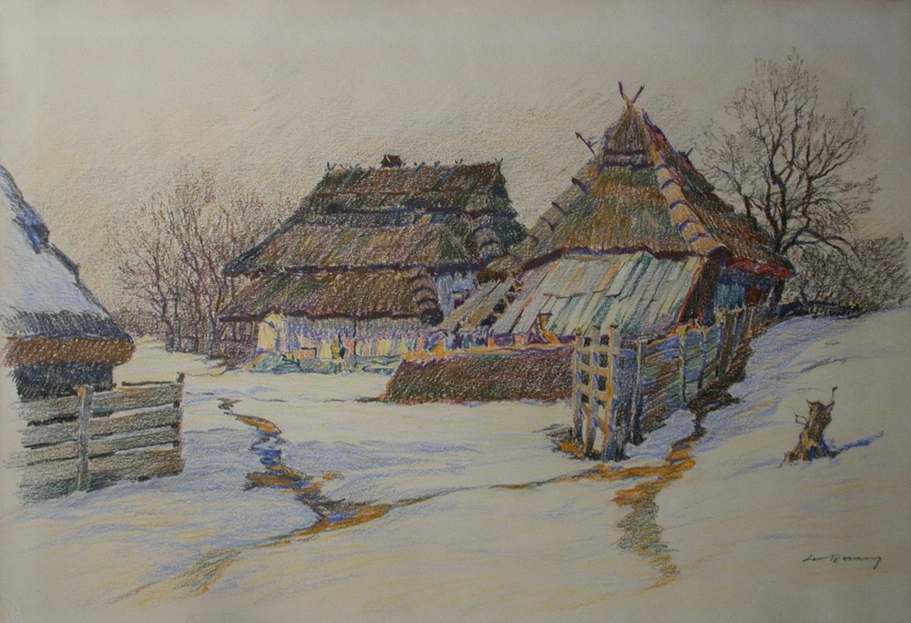 Leopold Beran (Vienna 1884-1965) Village in Winter.