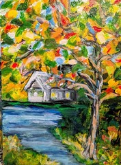 Trees Fall Leaves Original Painting Acrylic Abstract Autumn 9 X 12 Canvas Board