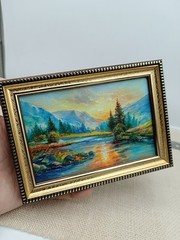 Original Oil Painting Forest Landscape with River 6×4 in Signed Framed