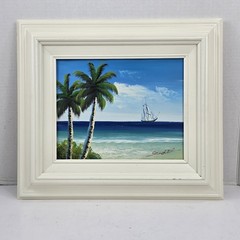 Framed Original Painting On Canvas Tropical Seascape Ship Palm Tree Signed 8×10
