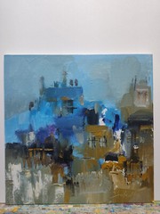 Original oil painting 12″x12″ Abstraction Contemporary art Blue Brown Roofs City