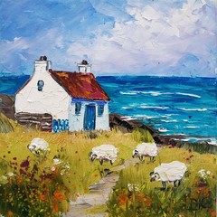 Irish Cottage Painting Original Fine Art Impasto Oil Painting Sheep Wall Art 6×6