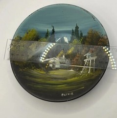 Vintage Hand Painted Signed Tin Metal Pan Bowl Log Cabin Mountain Scene 7”