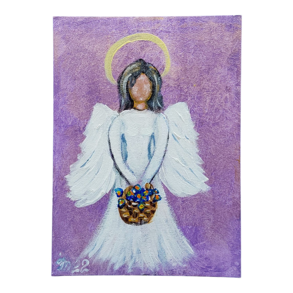 Angel Guardian with Flowers Original Painting Angel Wings Handmade Wall Art OOAK