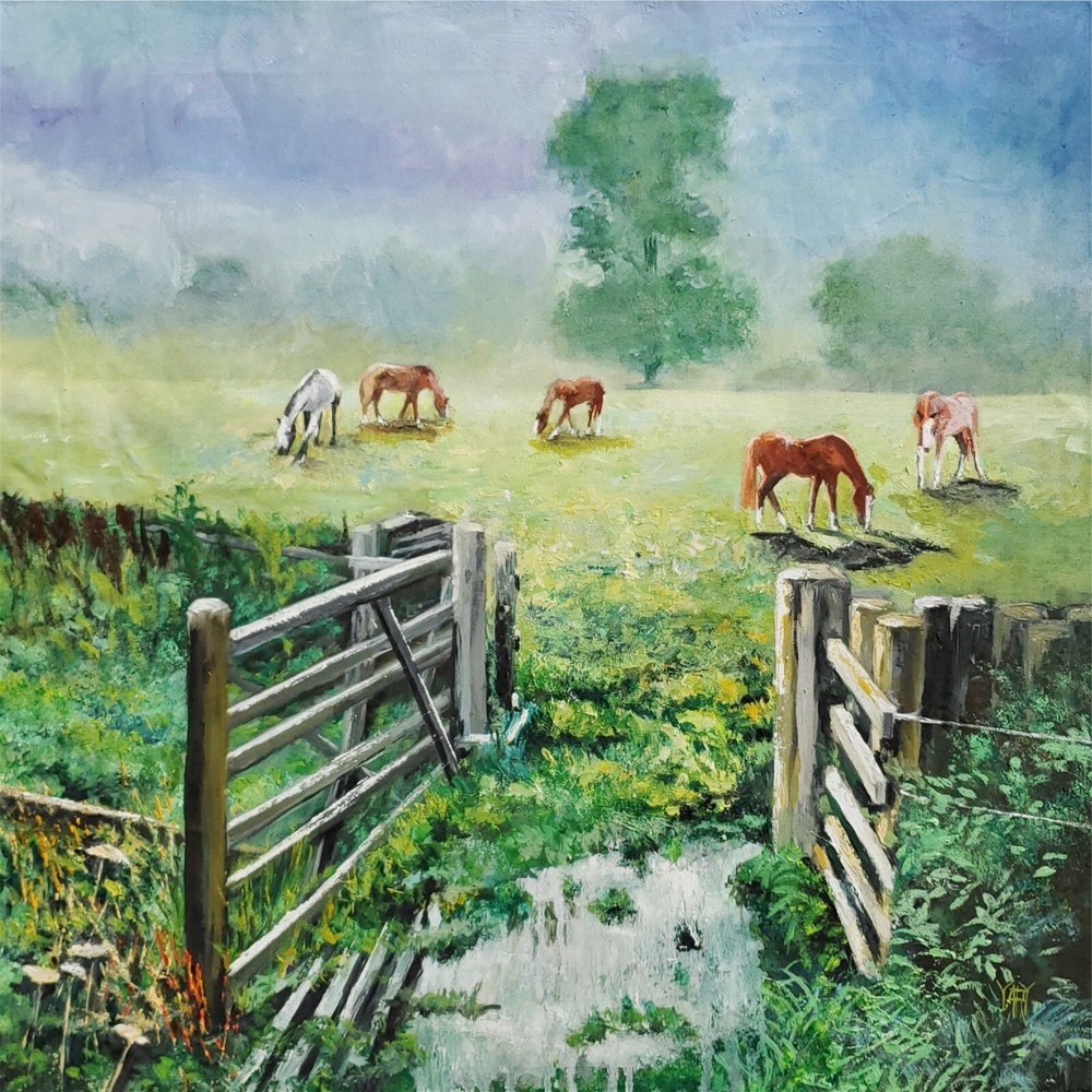 YARY DLUHOS Landscape Meadow Horses Equine Ranch Original Art Oil Painting