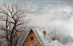 ANTIQUE FOLK ART OIL PAINTING VILLAGE BRIDGE RIVER SNOW WINTER LANDSCAPE PEOPLE