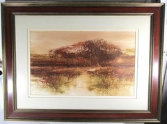 SEPIA MONOCHROME WATERCOLOR BY STAN DUDEK, ILLINOIS, COUNTRY LAKE, WOODLAND BOAT