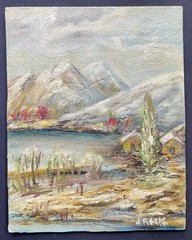 Vintage Landscape Oil Painting on Board 8×10 Mountains Lake House J Reck c1960