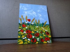 Field Wildflowers Poppies Field Original Art Oil Painting Landscape Sunset 7×5″