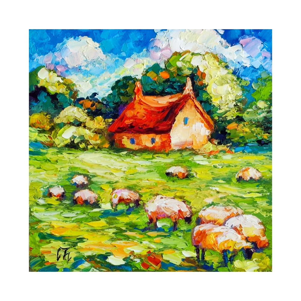 original oil painting Irish Cottage Sheep Landscape Impasto wall art 8*8 inch