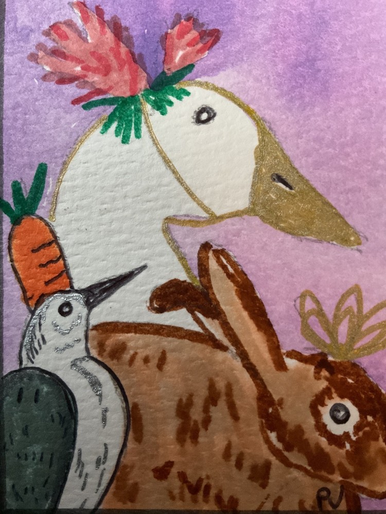 ACEO watercolor art by PJ, art card 2.5 x 3.5: birds and bunny