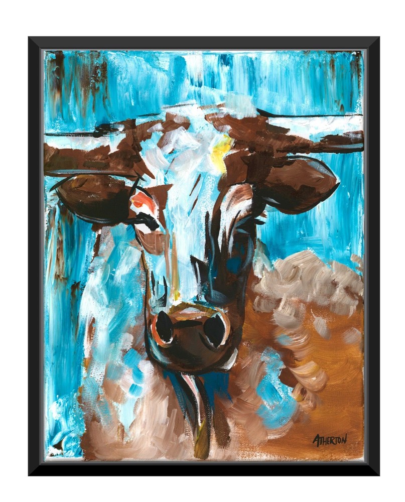 11×14 Original Longhorn Cow Painting on Canvas Modern Farmhouse Wall by Atherton
